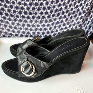 Coach Merridith black suede high heeled wedges brocade canvas silver ring 9.5
